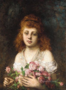  Rosa Pintura al %C3%B3leo - Belleza de cabello castaño con ramo de rosas retrato de niña Alexei Harlamov